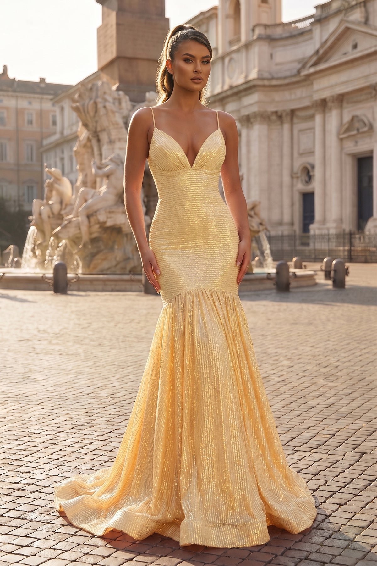 Mermaid Orange Spaghetti Straps Sequins Prom Dress, Yellow / 00 Mermaid Orange Spaghetti Straps Sequins Prom Dress, Yellow / 00