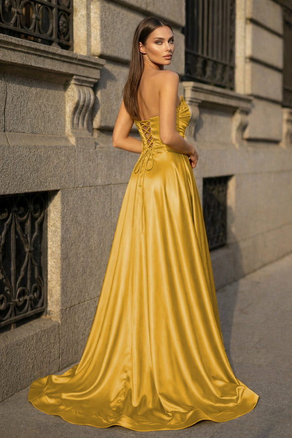 Mermaid Evening Gown Sexy Dress Prom Court Train Sleeveless Strapless Satin with Slit Pure Color - KISSPROM PROM DRESSES
