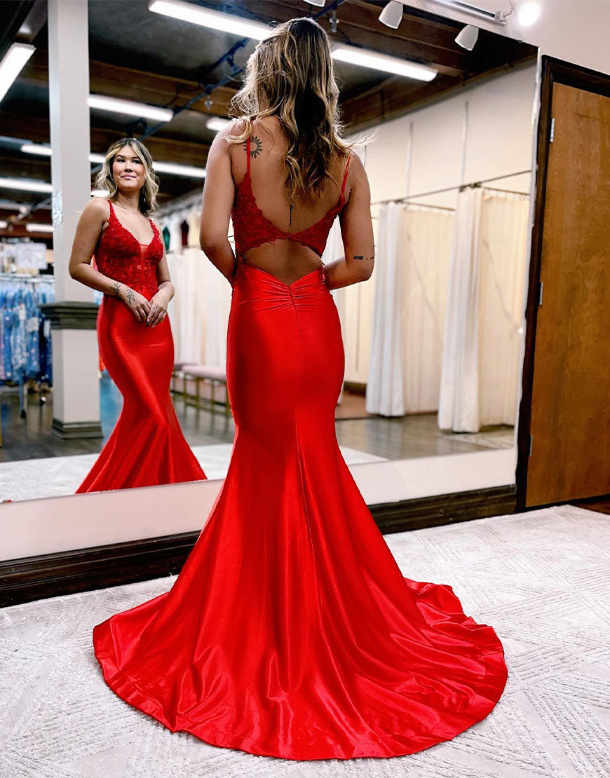 Leila |Mermaid Deep V Neck Satin Long Prom Dress with Appliques
