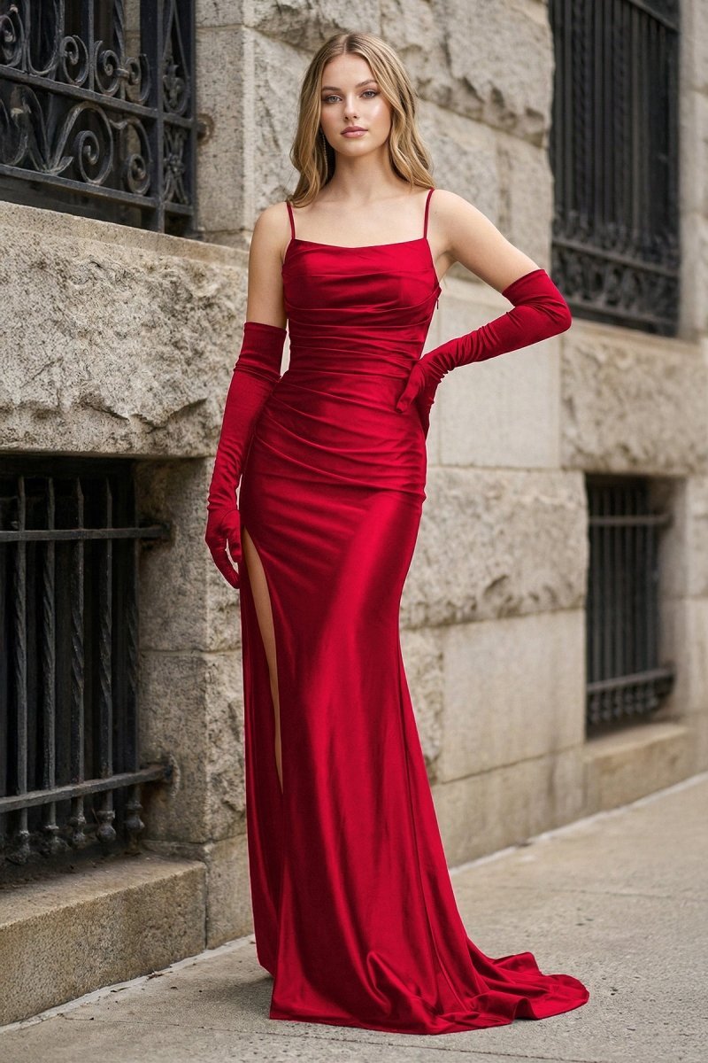 KissProm Black Spaghetti Straps High Slit Mermaid Satin Pleated Prom Dress, Red / 0 Holiday Dress