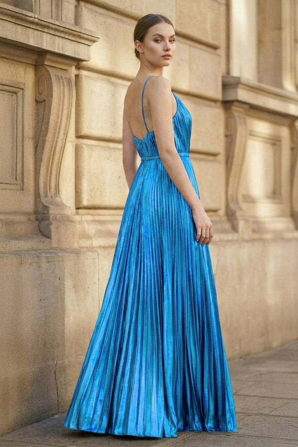 Metallic Azure A-Line Pleated V-Neck Long Party Dress (2) | KISSPROM