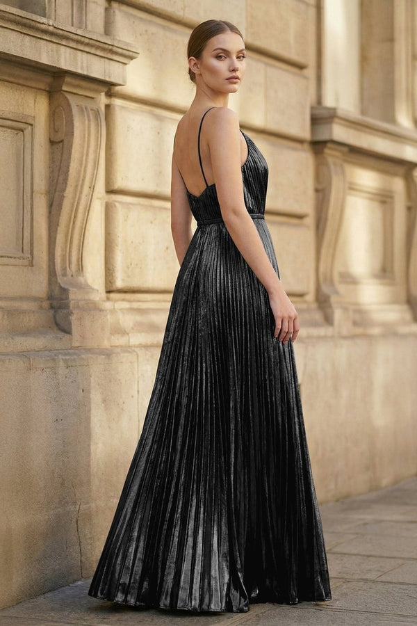 Metallic Black A-Line Pleated V-Neck Long Party Dress (2) | KISSPROM