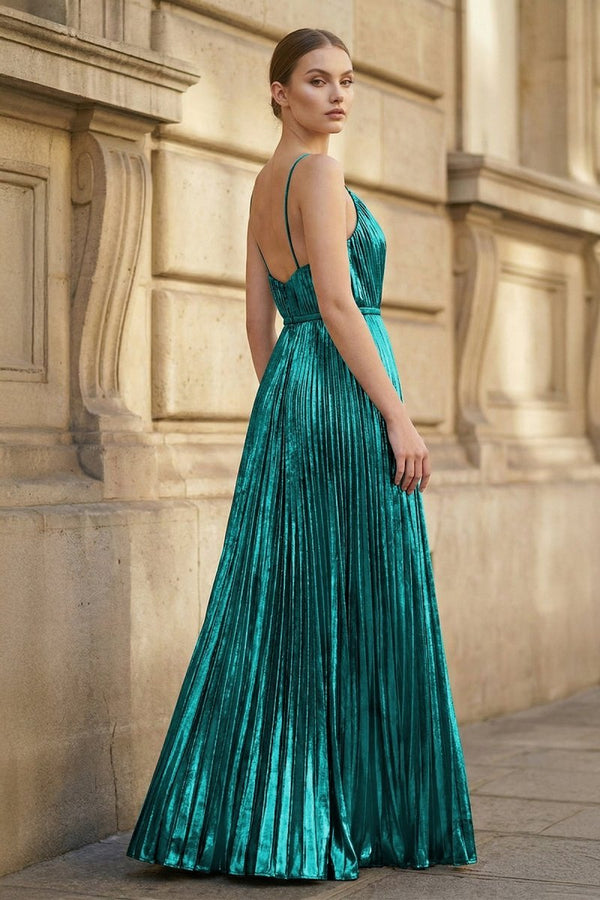 Metallic Emerald A-Line Pleated V-Neck Long Party Dress (2) | KISSPROM