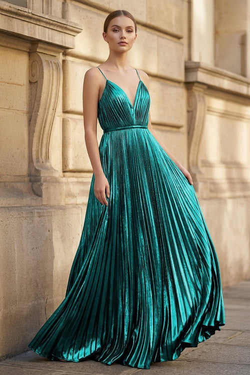 Metallic Emerald A-Line Pleated V-Neck Long Party Dress | KISSPROM