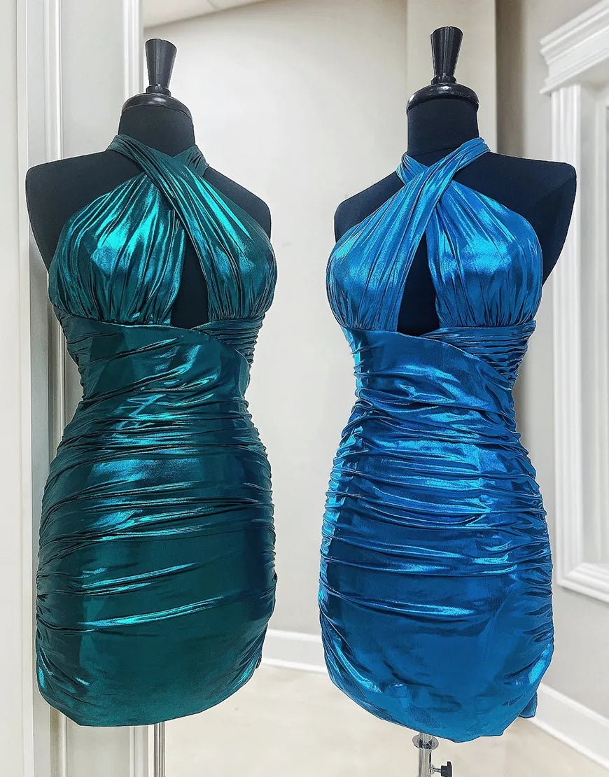 Metallic Emerald Green Halter Tight Satin Homecoming Dress - KissProm