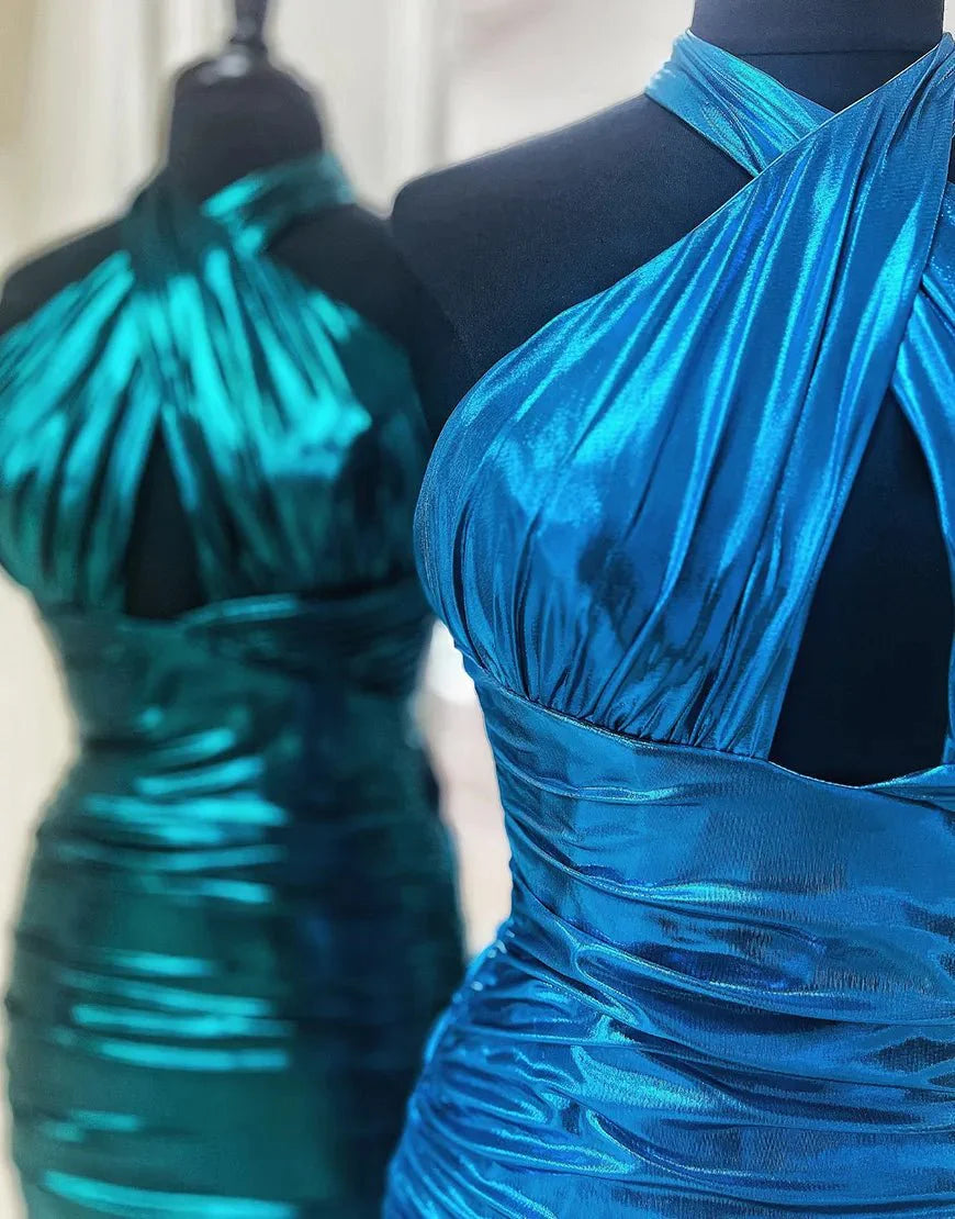 Metallic Emerald Green Halter Tight Satin Homecoming Dress, Emerald / 16
