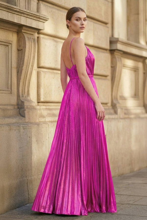 Metallic Fuchsia A-Line Pleated V-Neck Long Party Dress (2) | KISSPROM