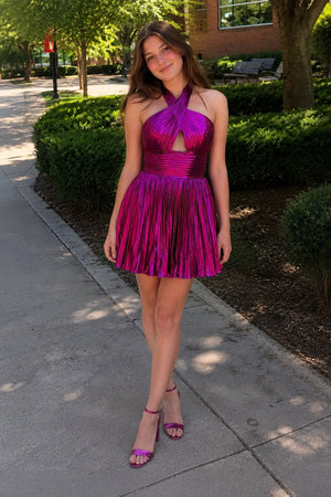 Metallic Fuchsia Halter Keyhole Pleated Short Homecoming Dress-Kiss Prom