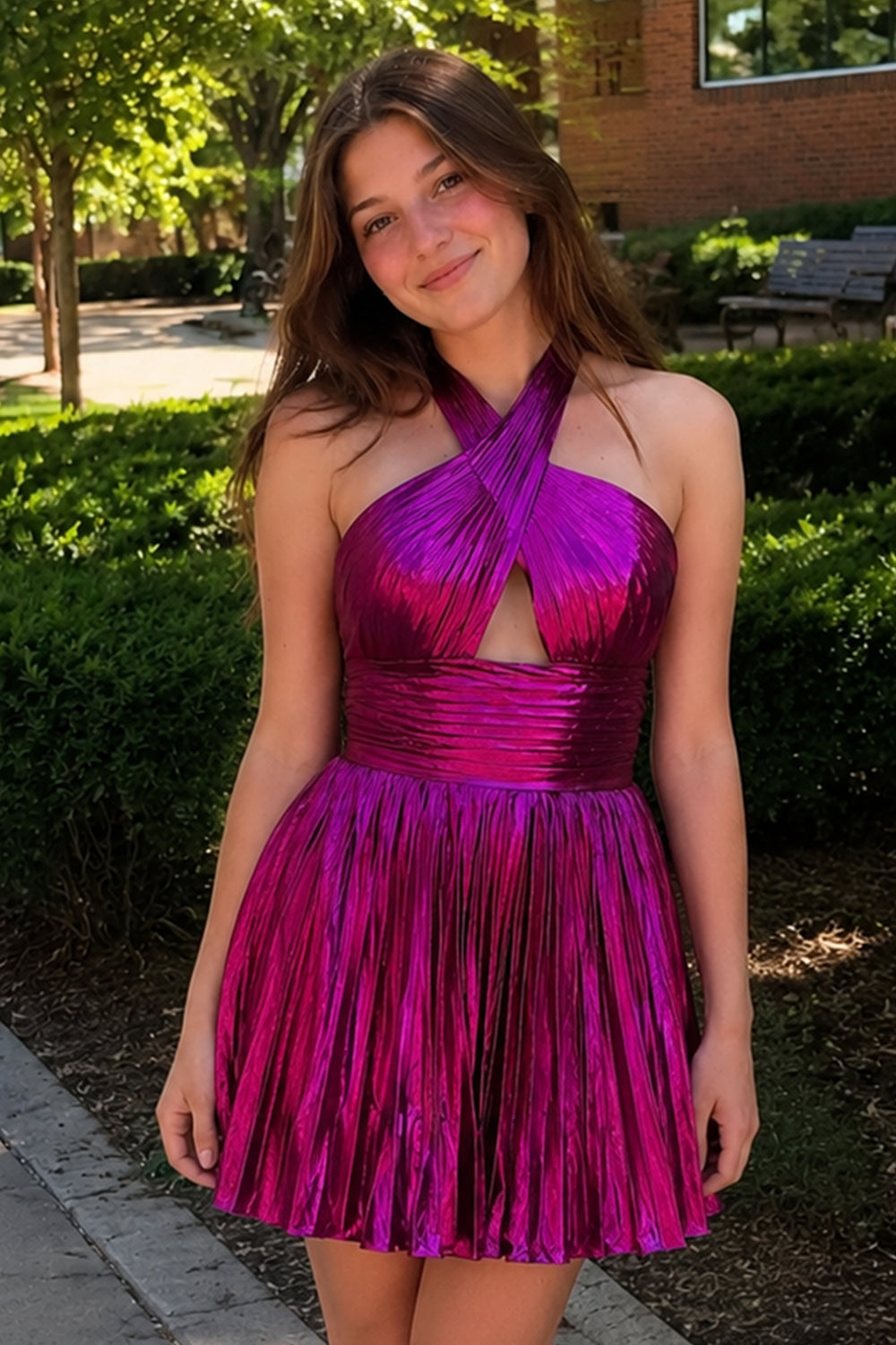 Metallic Fuchsia Halter Keyhole Pleated Short Homecoming Dress-Kiss Prom