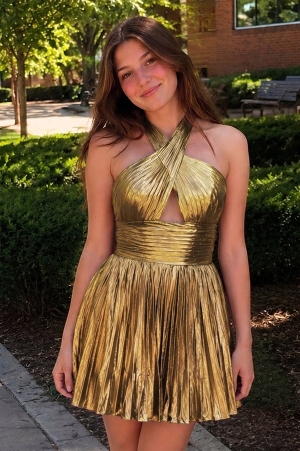 Golden Metallic  Halter Keyhole Pleated Short Homecoming Dress-KISSPROM