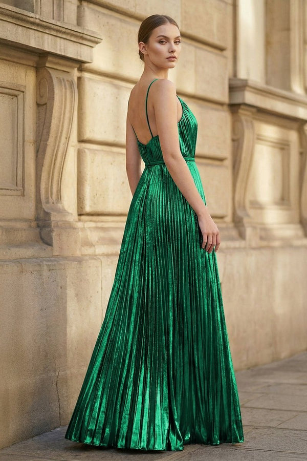 Metallic Green A-Line Pleated V-Neck Long Party Dress (2) | KISSPROM