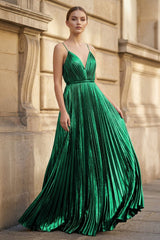 Metallic Green A-Line Pleated V-Neck Long Party Dress | KISSPROM