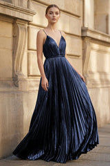 Metallic Navy Blue A-Line Pleated V-Neck Long Party Dress | KISSPROM