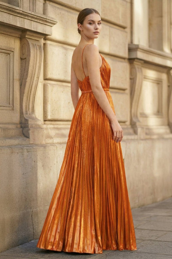 Metallic Orange A-Line Pleated V-Neck Long Party Dress (2) | KISSPROM