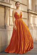 Metallic Orange A-Line Pleated V-Neck Long Party Dress | KISSPROM
