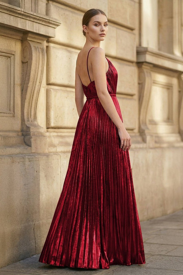 Metallic Red A-Line Pleated V-Neck Long Party Dress (2) | KISSPROM