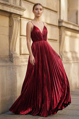 Metallic Red A-Line Pleated V-Neck Long Party Dress | KISSPROM