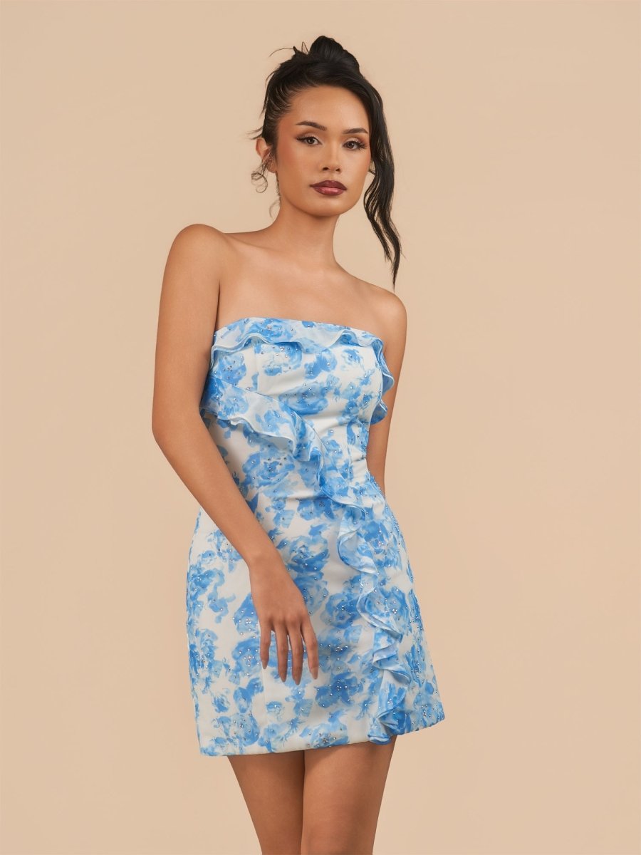 Midna | Blue - Sheath Strapless Floral Ruffles Short Homecoming Dresses