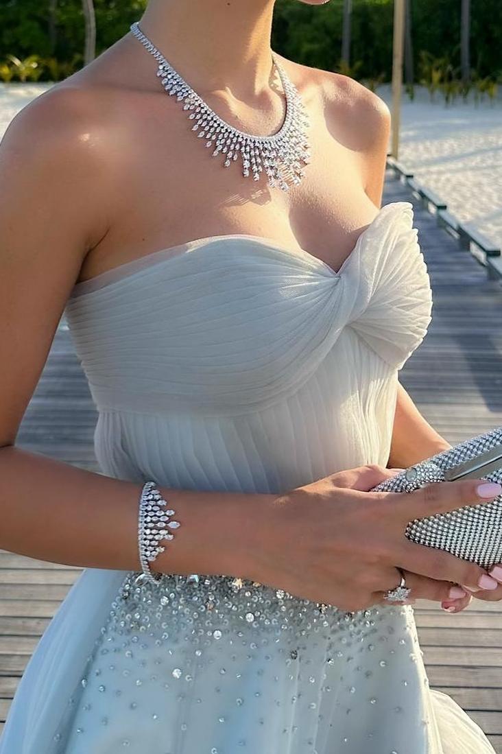 Mika | Strapless A - Line Tulle Long Prom Dress With Beading - KissProm