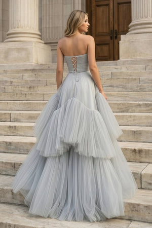 Strapless A - Line Tulle Long Prom Dress With Beading - KissProm