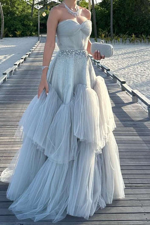 Mika | Strapless A - Line Tulle Long Prom Dress With Beading - KissProm