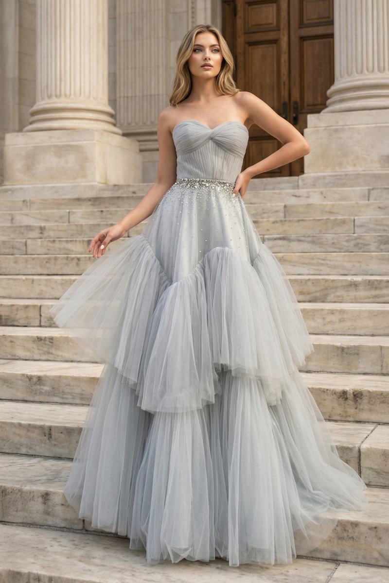 Strapless A - Line Tulle Long Prom Dress With Beading - KissProm