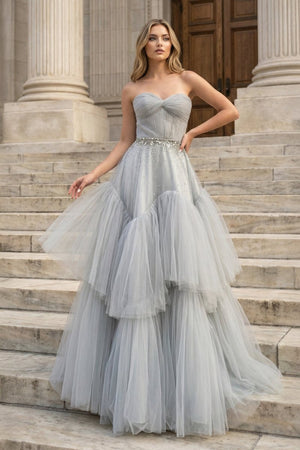 Strapless A - Line Tulle Long Prom Dress With Beading - KissProm