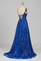 Mikaela | Royal Blue - A - Line Sequined Lace V Neck Long Prom Dresses - KissProm