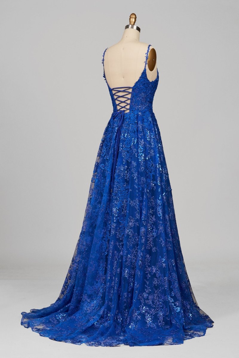 Royal Blue - A-Line Sequined Lace Spaghetti Straps Long Prom Dresses Royal Blue - A-Line Sequined Lace Spaghetti Straps Long Prom Dresses