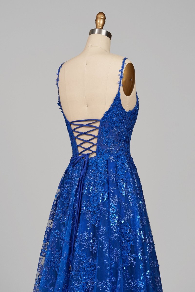 Mikaela | Royal Blue - A - Line Sequined Lace V Neck Long Prom Dresses - KissProm