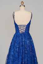 Mikaela | Royal Blue - A - Line Sequined Lace V Neck Long Prom Dresses - KissProm