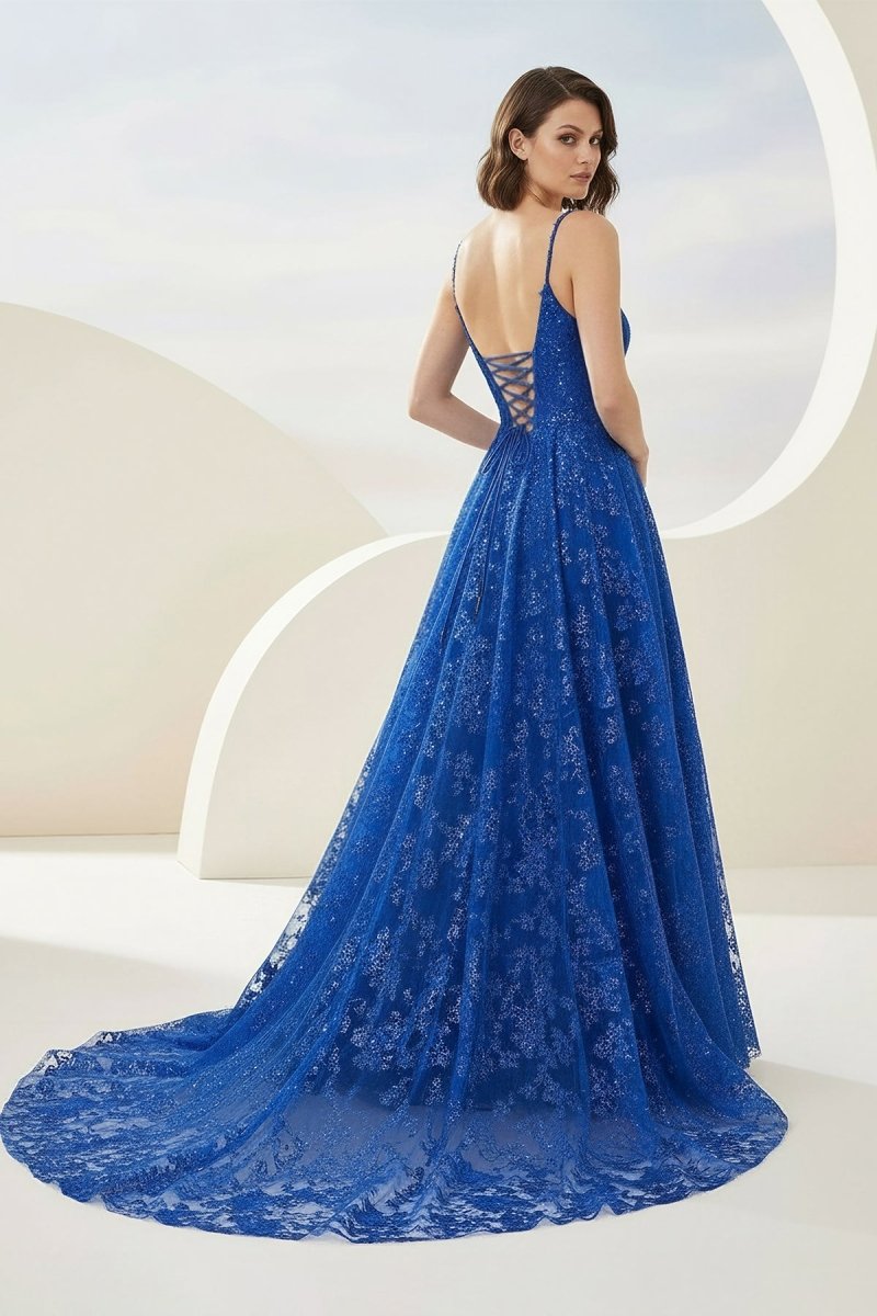 Mikaela | Royal Blue - A - Line Sequined Lace V Neck Long Prom Dresses - KissProm