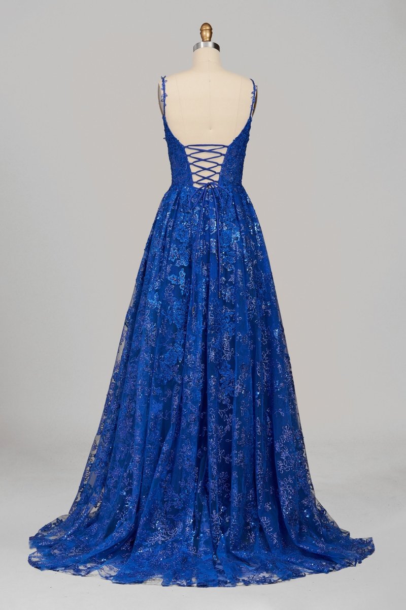 Mikaela | Royal Blue - A - Line Sequined Lace V Neck Long Prom Dresses - KissProm
