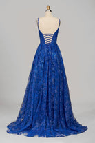 Mikaela | Royal Blue - A - Line Sequined Lace V Neck Long Prom Dresses - KissProm
