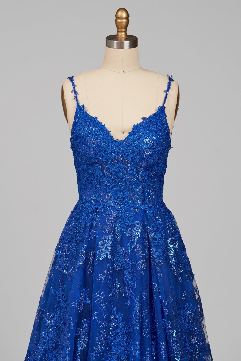 Mikaela | Royal Blue - A - Line Sequined Lace V Neck Long Prom Dresses - KissProm