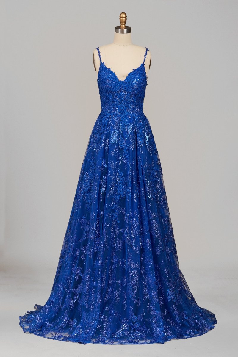 Royal Blue - A-Line Sequined Lace Spaghetti Straps Long Prom Dresses Royal Blue / 6 / Tulle Royal Blue - A-Line Sequined Lace Spaghetti Straps Long Prom Dresses Royal Blue / 6 / Tulle
