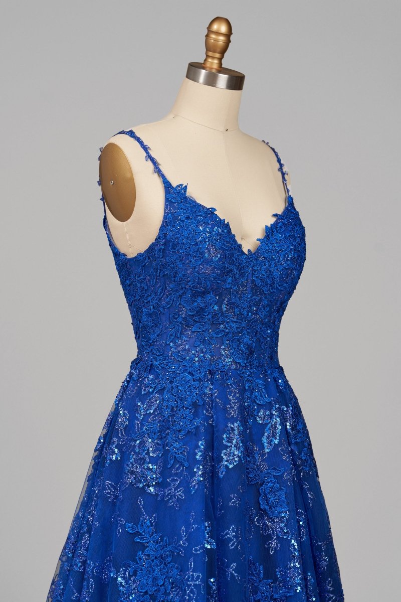 Mikaela | Royal Blue - A - Line Sequined Lace V Neck Long Prom Dresses - KissProm