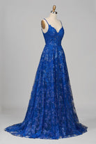 Mikaela | Royal Blue - A - Line Sequined Lace V Neck Long Prom Dresses - KissProm