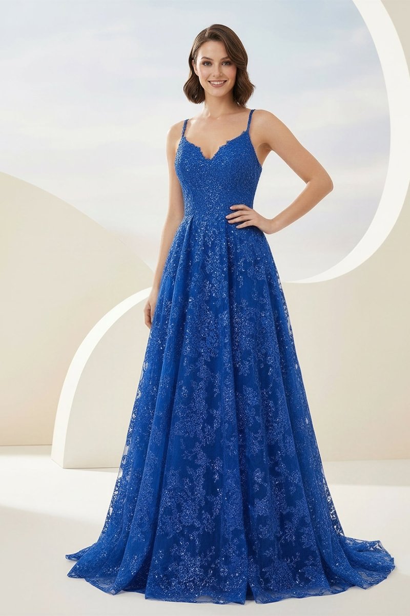 Mikaela | Royal Blue - A - Line Sequined Lace V Neck Long Prom Dresses - KissProm