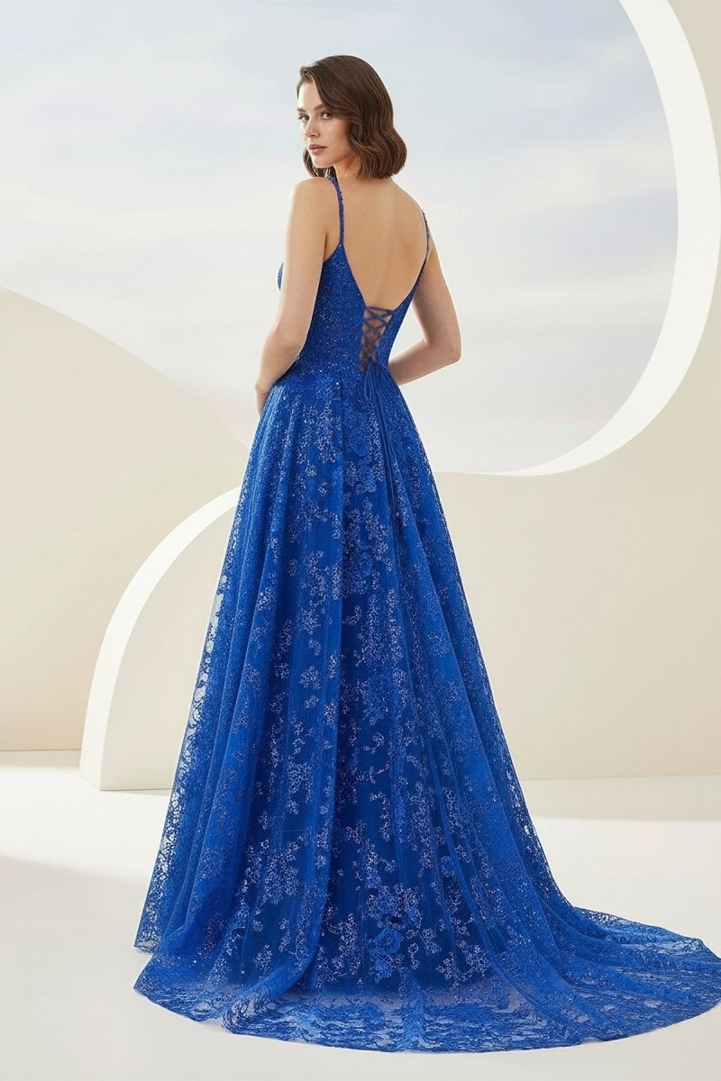 Mikaela | Royal Blue - A - Line Sequined Lace V Neck Long Prom Dresses - KissProm