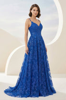 Mikaela | Royal Blue - A - Line Sequined Lace V Neck Long Prom Dresses - KissProm