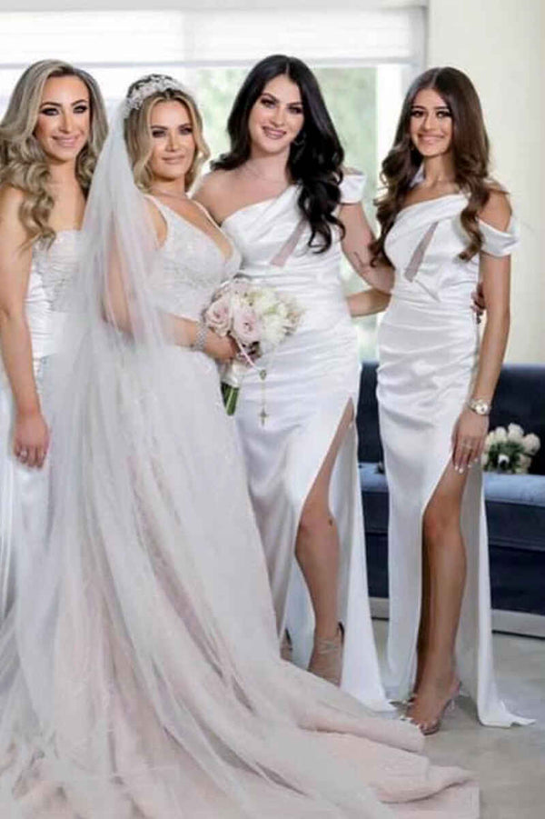 White One-Shoulder Cutout Long Bridesmaid Dress with Slit, White / 8