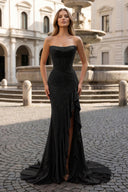 Mermaid Strapless Asymmetrical Beaded Long Prom Dress with Slit - KISSPROM PROM DRESSES