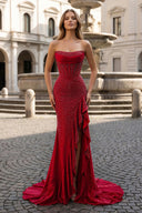 Mermaid Strapless Asymmetrical Beaded Long Prom Dress with Slit - KISSPROM PROM DRESSES