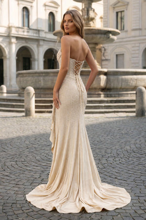 Mermaid Strapless Asymmetrical Beaded Long Prom Dress with Slit - KISSPROM PROM DRESSES