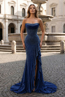 Mermaid Strapless Asymmetrical Beaded Long Prom Dress with Slit - KISSPROM PROM DRESSES