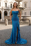 Mermaid Strapless Asymmetrical Beaded Long Prom Dress with Slit - KISSPROM PROM DRESSES