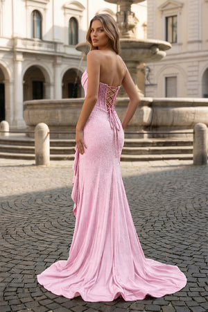 Mermaid Strapless Asymmetrical Beaded Long Prom Dress with Slit - KISSPROM PROM DRESSES