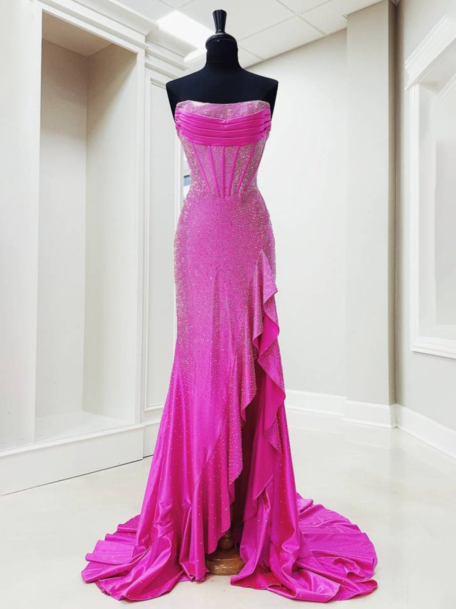 Miles | Mermaid Strapless Asymmetrical Beaded Long Prom Dress with Slit