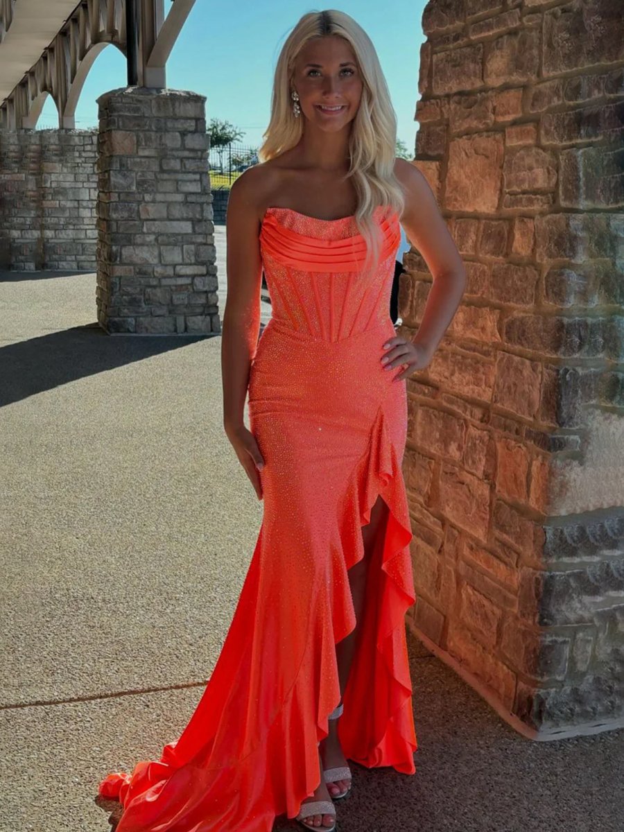Mermaid Strapless Asymmetrical Beaded Long Prom Dress with Slit, Orange / 0 Mermaid Strapless Asymmetrical Beaded Long Prom Dress with Slit, Orange / 0